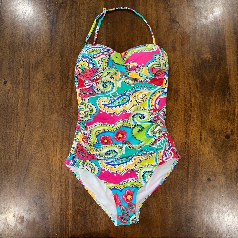ANNE COLE Women's Multi Color Stretch Bandeau Halter One Piece Swimsuit 6